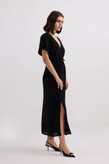Oversized Gathered V-neck Maxi Dress in Black
