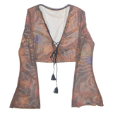 Sheer Cropped Womens Printed Top Brown V-Neck Long Sleeve Floral M