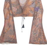 Sheer Cropped Womens Printed Top Brown V-Neck Long Sleeve Floral M