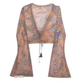 Sheer Cropped Womens Printed Top Brown V-Neck Long Sleeve Floral M