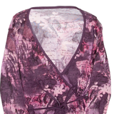 Sheer Womens Wrap Blouse Purple V-Neck Long Sleeve Crazy Pattern S