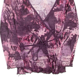 Sheer Womens Wrap Blouse Purple V-Neck Long Sleeve Crazy Pattern S
