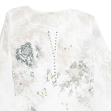 Butterfly Design Sheer Womens Printed Blouse Cream Long Sleeve Silk L