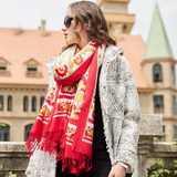 Anyyou 100% Merino Wool Red White Gold Silk Satin Large Winter Scarf Pashmina Shawl Bandana Perfect For Women Ladies Fashion Style