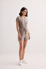 V-neck Drawstring Knit Romper in Earth Grey