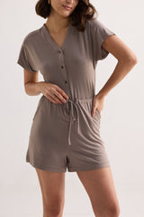 V-neck Drawstring Knit Romper in Earth Grey