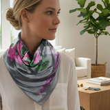 Anyyou Fashion Premium Satin Square Scarf – Grey Pink Satin Print Silk-Feel Neckwrap for Women