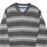 TOMMY HILFIGER Mens Patterned Jumper Grey Striped V-Neck Tight Knit L