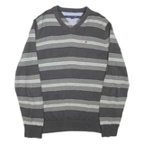 TOMMY HILFIGER Mens Patterned Jumper Grey Striped V-Neck Tight Knit L