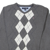 TOMMY HILFIGER Mens Patterned Jumper Grey Argyle Tight Knit M
