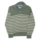 TOMMY HILFIGER Mens Patterned Jumper Green Striped Button Neck Tight Knit L