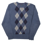 TOMMY HILFIGER Mens Patterned Jumper Blue Argyle V-Neck Tight Knit M