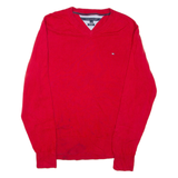 TOMMY HILFIGER Mens Jumper Red V-Neck Tight Knit L