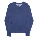 TOMMY HILFIGER Mens Jumper Blue V-Neck Tight Knit S
