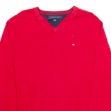 TOMMY HILFIGER Mens Jumper Red V-Neck Tight Knit L
