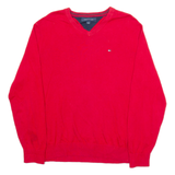TOMMY HILFIGER Mens Jumper Red V-Neck Tight Knit L