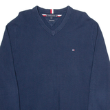 TOMMY HILFIGER Mens Jumper Blue V-Neck Tight Knit L