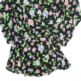 Womens Printed Blouse Black Collared Long Sleeve 90s Floral UK 14