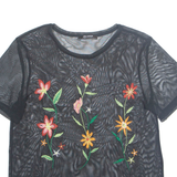 ZARA Sheer Embroidered Womens Top Black Floral S