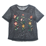 ZARA Sheer Embroidered Womens Top Black Floral S