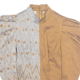 Womens Puff Sleeve Top Brown High Neck Long Sleeve Colourblock S