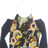 Womens Halter Neck Top Black Long Sleeve Crazy Pattern S