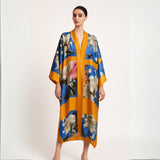 Bird of Paradise White Blue Cherry Blossom Floral Silk Kimono on white background.