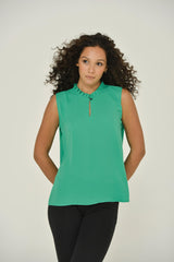 Emerald Green Sleeveless Keyhole Blouse w/ Ruffle Neck