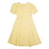 Womens A-Line Dress Yellow 90s Floral Short Sleeve Midi M