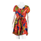 RENE DERHY! Womens Fit & Flare Dress Red 90s Floral Short Sleeve Short S