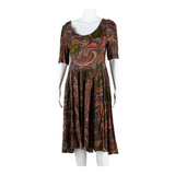 Womens Fit & Flare Dress Brown Crazy Pattern Short Sleeve Midi M