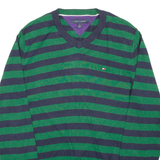 TOMMY HILFIGER Mens Patterned Jumper Green Striped Tight Knit M
