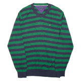 TOMMY HILFIGER Mens Patterned Jumper Green Striped Tight Knit M