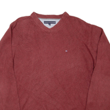 TOMMY HILFIGER Mens Jumper Maroon V-Neck Tight Knit XL