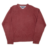 TOMMY HILFIGER Mens Jumper Maroon V-Neck Tight Knit XL