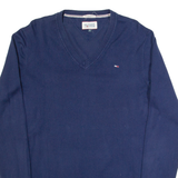 TOMMY HILFIGER Mens Jumper Blue V-Neck Tight Knit M