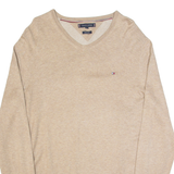 TOMMY HILFIGER Mens Jumper Beige V-Neck Tight Knit L