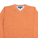 TOMMY HILFIGER Mens Jumper Orange V-Neck Tight Knit M