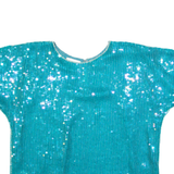 HONEY LEE Womens Bardot Top Blue V-Neck Silk M