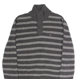 TOMMY HILFIGER Mens Patterned Jumper Grey Striped Button Neck Tight Knit M