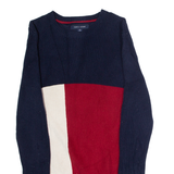 TOMMY HILFIGER Mens Patterned Jumper Blue Colourblock Crew Neck Tight Knit XS