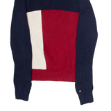 TOMMY HILFIGER Mens Patterned Jumper Blue Colourblock Crew Neck Tight Knit XS