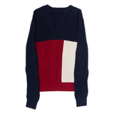 TOMMY HILFIGER Mens Patterned Jumper Blue Colourblock Crew Neck Tight Knit XS