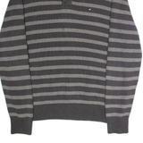 TOMMY HILFIGER Mens Jumper Grey Striped Button Neck Tight Knit XL