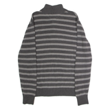TOMMY HILFIGER Mens Jumper Grey Striped Button Neck Tight Knit XL