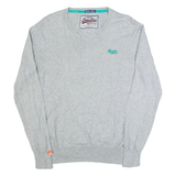 SUPERDRY Womens Jumper Grey V-Neck Tight Knit 2XL