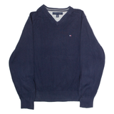 TOMMY HILFIGER Mens Jumper Blue V-Neck Tight Knit M