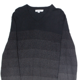 CALVIN KLEIN Mens Patterned Jumper Black Striped V-Neck Tight Knit L