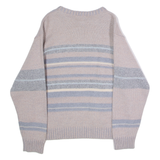 GIOFERRARI Mens Patterned Jumper Beige Striped Crew Neck Tight Knit Wool M