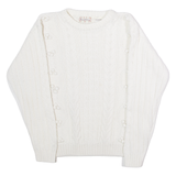 BRITISH COLONY Womens Jumper White Crew Neck 80s Cable Knit L